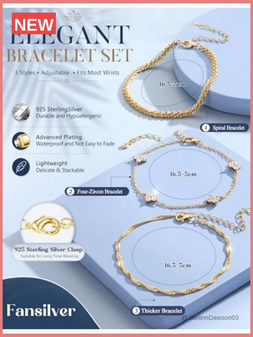3pc Sterling Silver Stackable Bracelet Set Adjustable Link Chain Cubic Zirconia